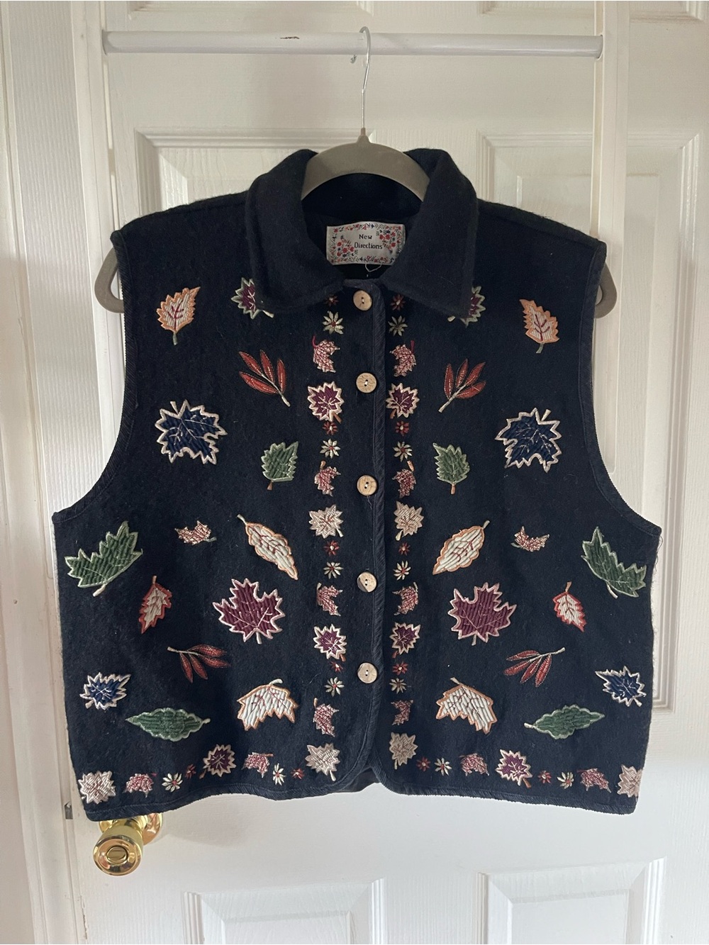 Vtg New Directions Embroidered Fall Leaf Vest Black Boiled Wool Button Front